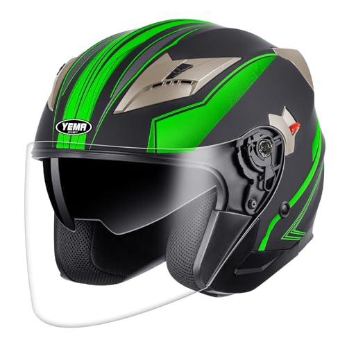 YEMA Open Face Motorcycle Helmet, DOT Approved 3/4 Moped Helmets with Dual Visor Quick Release Buckle for Adults - Scooter/Street Bike (ST-Green, Large) by YEMA - Used condition - US$55.99