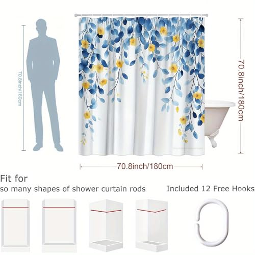Rideau de douche à fleurs en polyester lavable 160x160cm avec crochets - 6