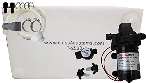 Class A Customs | 25 Gallon RV Concession Fresh Water Tank with Plumbing Kit & 12 Volt Water Pump | T-2500-BPK-PUMP