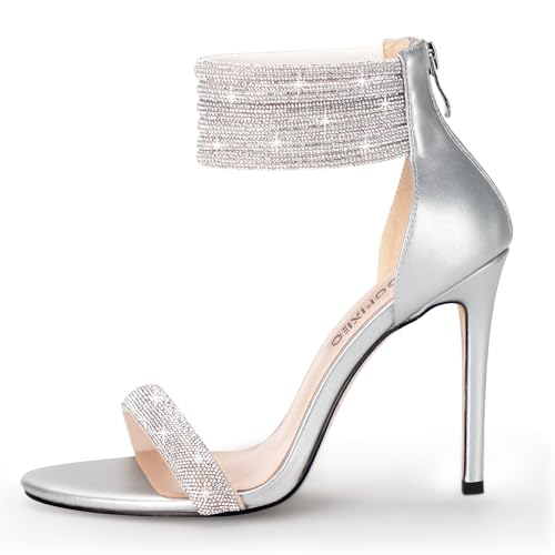 100FIXEO Sexy High Heeled Rhinestone Sandals Elegant Open Toe ankle strap Stiletto Heel Wedding Dress Shoes2