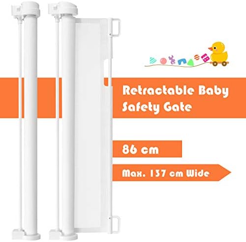 GYMAX Retractable Gate, Relocatable Mesh Safe Guard Easy to Roll and Latch, Baby and Pets Safety Gates for Door Stair Hallway (146 x 86cm, White)