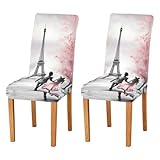 Wajiw Pink Paris Tower Dining Room Chair Covers Set of 2,Stretchable Removable Washable Spandex Kitchen Chair Protector Slipcovers for Restaurant,Hotel,Ceremony,Christmas,Festival Decoration