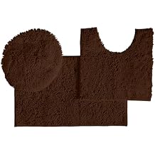 Cozy Brown Bathroom Ensemble Luxury Chenille 2-Piece Bath Mat Set with U-Shaped Toilet Mat + Plush Toilet Lid Cover 3-Piece Bundle