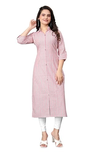 Image of Women Striped Cotton Straight Kurta (Pink)