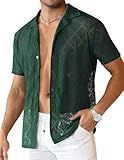 Csqopt Mens Lace Vacation Shirt Short Sleeve Floral Sheer Button Down Hollow Out See Through Shirt Deep Green...