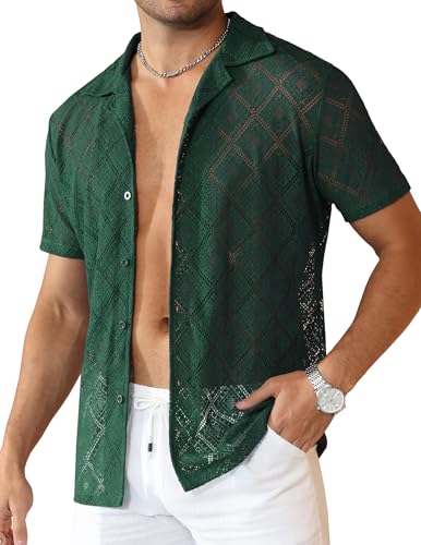 Csqopt Mens Lace Vacation Shirt Short Sleeve Floral Sheer Button Down Hollow Out See Through Shirt Deep Green L