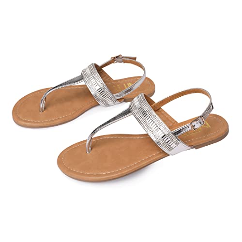Nitti Women's Flat Thong Sandals With T-Strap And Adjustable Ankle Buckle Sandal Fashion Rhinestone Dress Sandals (Silver, Numeric_9) #TOP4