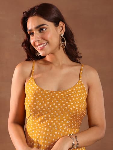 Image of Libas Mustard Bandhani Printed Anarkali Padded Kurta and Solid Churidar with Woven Design Dupatta | Ethnic wear | Bridal Suit | Occasion wear