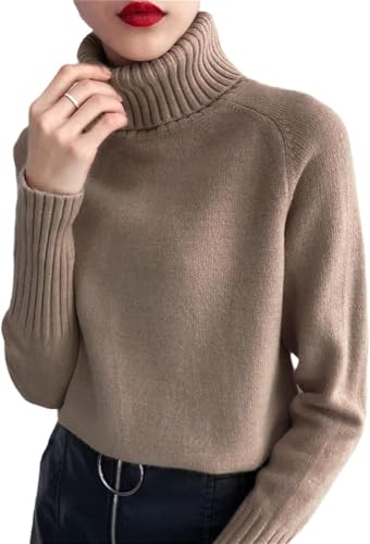 JJzex Damen Kaschmir Strickpullover Herbst Winter Rollkragen Langarm Pullover Damen Pullover, Khaki, S