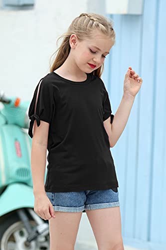 Image of GORLYA Girls Slit Sleeve Tie Knot Cuff Knit Tunic Top 4-14Y | Seamless knit, cold shoulder slit sleeves with tie-knot cuffs, solid & stripe options, ideal for school and casual outings.