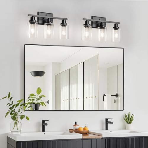 Image of Ascher Bathroom Light Fixtures, 3 Light Vanity Light with LED Bulbs Included, Black Wall Sconces with Clear Glass Shades for Mirror, Kitchen, Living Room, Hallway, Cabinet