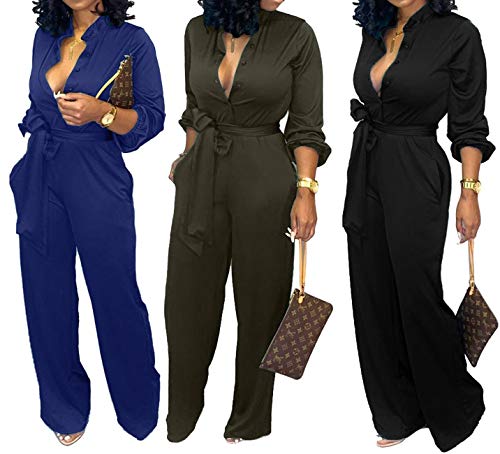 Yiershu Women's Sexy V Neck Jumpsuits Elegant Long Sleeve Button Down Straight Long Pants Business Romper With Pockets Belt (X-Large, 01 Black) #TOP7