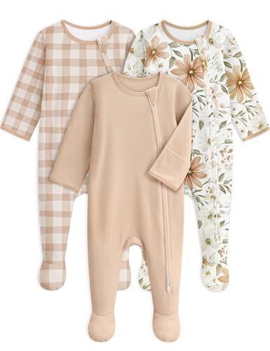 Image of Unnivoll Baby Pajamas 100% Cotton Baby Sleepers for Newborn 3Pcs Footie Pajamas Baby Boys Girls Clothes, Soft Infant Footed PJs with Mitten Cuffs, Two Way Zipper, Long Sleeve