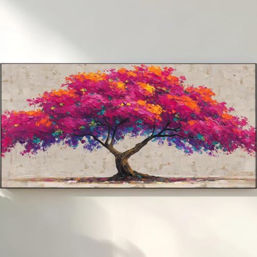 Tableau decoration salon design abstrait orange rouge arbre de vie sur toile