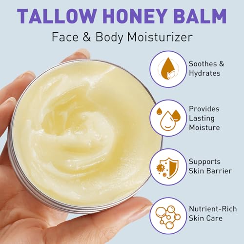Image of Beef Tallow for Skin - 2 Pcs Tallow and Honey Balm with Lavender Essential Oil, Beef Tallow for Face & Natural Tallow Face Moisturizer, Grass-Fed Tallow and Raw Honey Balm, Nourishing Hydrating Balm