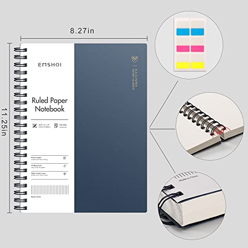 Emshoi A4 Spiral Notebook College Ruled Lined Journal, 11.2" X 8.27", 300 Pages/150 Sheets, 100Gsm Thick Paper, Waterproof Softcover, Twin-Wire Binding, For School Work Business Writing-Blue #TOP1