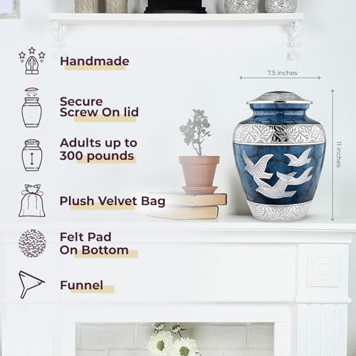 Image of Trupoint Memorials Cremation Urns for Human Ashes for Male or Female, Funeral Memorial Urns for Men & Women, Blue Birds, XL (300LB)