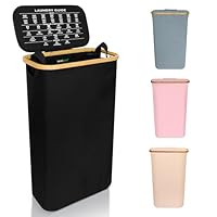 Nest Zest 60L Slim Laundry Basket with Lid, Washing Basket for Laundry, Hamper style Linen Bin with Care Guide & Removable Inner Bag, Dirty Clothes Bin with Sturdy Bamboo Rim and Oxford Fabric (Black)