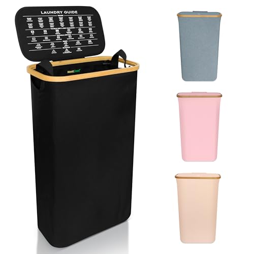 Nest Zest 60L Slim Laundry Basket with Lid, Washing Basket for Laundry, Hamper style Linen Bin with Care Guide & Removable Inner Bag, Dirty Clothes Bin with Sturdy Bamboo Rim and Oxford Fabric (Black)