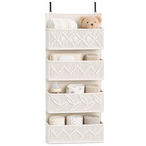 Avidanza Macrame Over the Door Organizer, Boho Nursery Door Organizer with 4 Large Hanging Pockets, Over Door Baby Organizer for Diapers, Wipes, Bathroom, Bedroom