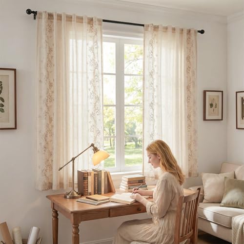 Image of jinchan Floral Linen Curtains, Back Tab 50x63 Inch, 2 Panels Beige