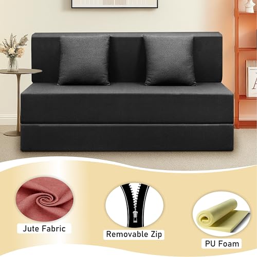 Image of 2-Seater, 4X6 | Convertible Sofa Cum Bed with Cushion Jute Fabric Perfect for Living Rooms & Guest Rooms - Black