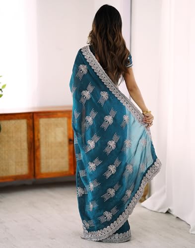 Image of SIRIL Women's Chiffon Scalloped Border Sequins Embroidery Saree with Unstitched Blouse Piece