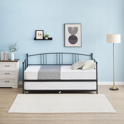 Image of Garvee Twin Daybed with Trundle, Sturdy Metal Day Bed with Arched Headboard and Steel Slat Support, Pullout Trundle with 6 Casters, Sofa Bed for Living Room Bedroom and Guest Room, Black | Pullout Trundle, Six Smooth Casters, Space-Saving Design, Extra Sleeping Space, Easy Assembly, Black