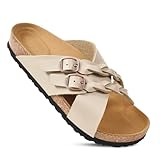 Arch Support Recovery Sandals Women – Leather Comfy Memory Foam Footbed Cork Sandals For Women - Soft Braided Straps with Adjustable Buckle Slip on Outdoor Slides for Women (Suri Cream, Size 8)