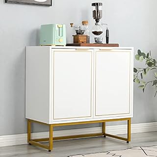 EROMMY Sideboard Cabinet, Storage Cupboard with Golden Legs, Wooden Buffet Sideboard with Adjustable Shelf and Feet for Kitchen, Living Room, Bedroom, Entryway (White)