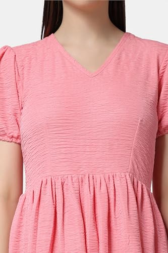 Image of POPWINGS Casual Self Crush Design Solid Knee Length Blouson Peplum Dress for Women || Stylish Summer Dress for Women || Knee-Length Dress for Women || V-Neck Dresses for Women
