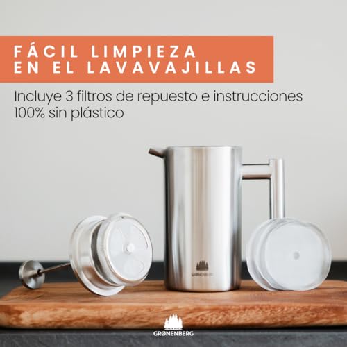 Groenenberg Cafetera francesa I Prensa francesa con filtros de repuesto I French Press 0,6 litro I Cafetera embolo en acier inox con función térmica - imagen 4