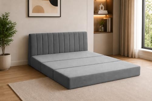 Image of 3-Seater Velvet Sofa Cum Bed | Convertible Sleeper Sofa | Modern Foldable Couch for Living Room, Bedroom & Office | Grey