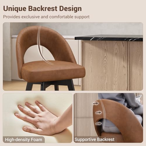 Image of YaFiti 24 inch Counter Height Bar Stools, Ergonomic Curved Back Design Swivel Bar Stools with Faux Leather Seat & Solid Wood Legs for Kitchen Island, 1 PCS, Light Tan