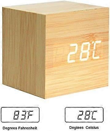 Réveil cube numérique en bois marron avec écran LCD de bureau - 2