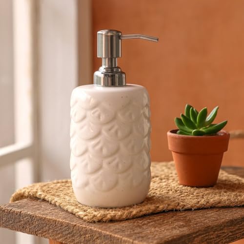 Image of Ceramic Soap Dispenser 330ml (Set of 1) | Multipurpose Lotion, Hand Wash & Liquid Soap Pump Bottle for Bathroom & Kitchen | White Stone Design