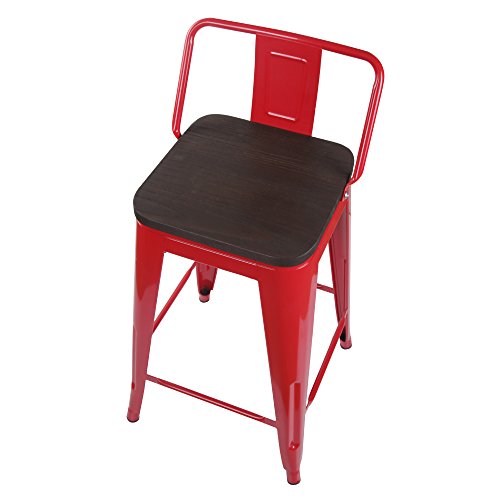 Gia Low Back Metal Barstool With Wooden Seat 24" Counter Height(1 Pack) - Red Color - Light Weight Easy Assemble And Stackable #TOP5