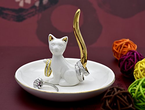 Exembe White Kitty Adorable Posture Trinket Dish Ring Holder Jewelry Rack Tray Golden Tail #TOP5