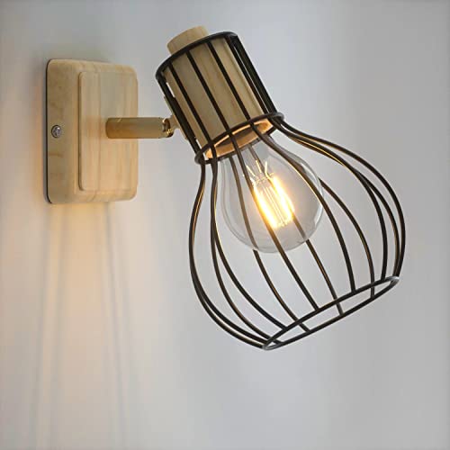 Yaixu Aplique Pared Interior Lámpara de Pared Vintage Madera Lampara de pared Metal E27 Iluminación Luz Pared Retro Industrial Apliques de Pared Giratoria de 350°