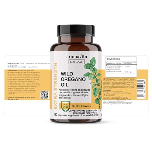 Aromavita Oregano Oil Capsules - Organic Oregano Oil with 86-90% Carvacrol 108 mg per Capsule - High Dose Dietary Supplement for Digestion & Immune System - Natural Antioxidant, Vegan - 60 Capsules