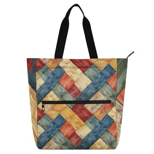 Bolsa de mano de grano de madera para playa, escuela y compras con bolsillos con cremallera