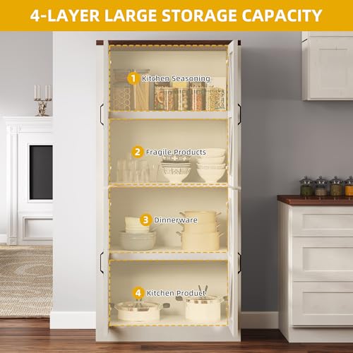 DWVO 66" Storage Cabinet, Tall Bookshelf Display Cabinet, 4 Shelves Curio Cabinet with Tempered Glass Doors, Trophy Display Case for Living Room and Dinning Room, White