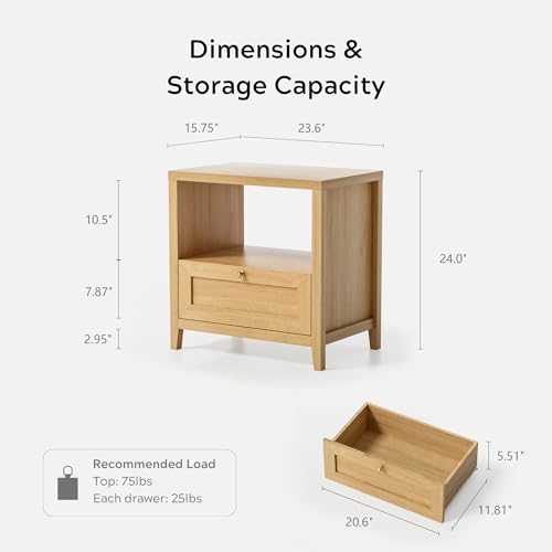 Image of EYYTHUNG Wooden Nightstands with Drawer Modern 24 inch Wide End Table Night Stand Large Farmhouse Bedside Table with Open Shelf Mid Century Night Stands for Sofa, Natural Oak