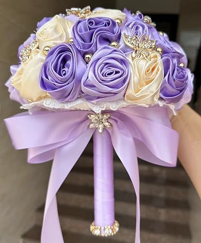 Sharebeauty 7.1" Handmade Satin Rose Bridal Bouquet Toss Round Wedding Bouquet Throw Toss Artificial Flower Bunch Light Purple + Mid Purple + Cream