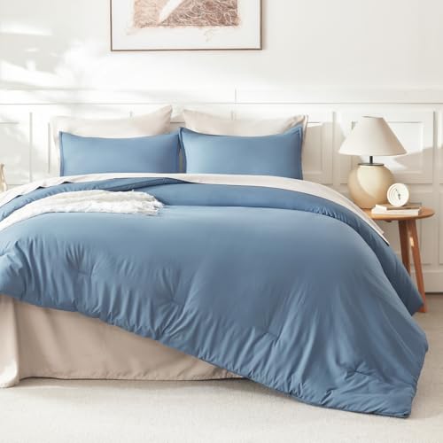 Image of Litanika Oversized King Comforter Set Grayish Blue Super King Plus Size, 3 Pieces Lightweight Solid Bedding Comforter Set, All Season Fluffy Bed Set (128x120In Comforter & 2 Pillowcases)