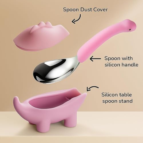 Image of Silicone Spoon for Baby, Pink Baby Feeding Spoon, Silicone Kids Spoon with Dinosaur Case, 1 Pc, Travel Friendly Mealtime Utensil, Daily Feeding Essential