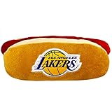 Pets First NBA Los Angeles Lakers HOT Dog Plush Dog & CAT Squeak Toy - Cutest HOT-Dog Snack Plush Toy for Dogs & Cats with Inner Squeaker & Beautiful Basketball Team Name/Logo 8 x 5 x 3 Inches