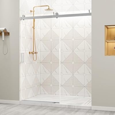 Zevemomo 56"-60" W x 76" H Frameless Shower Doors, Sliding Shower Door with 1/4" (6mm) Clear Tempered Glass, Silent Soft-Close Shatterproof Shower Door, Reversible Installation, Aluminum, Chrome