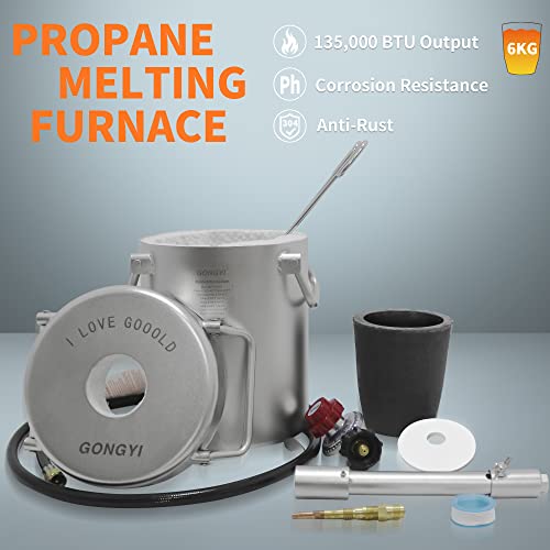 GONGYI 6KG Melting Furnace GMF600 Made by Full Stainless Steel 304 Propane Kiln for Scrap Metal Recycle Gold Copper Aluminum Includes Crucible and Tongs