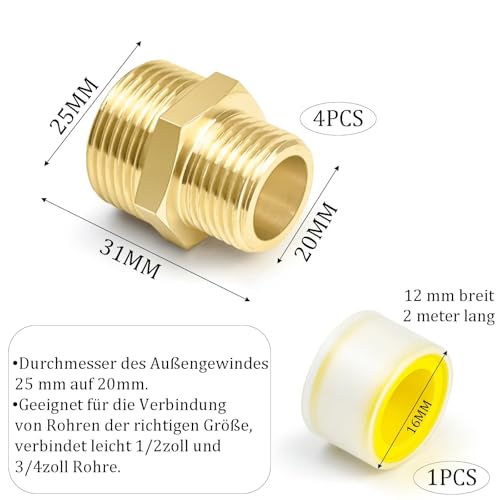 CONJURAIDE 4 Stück Reduzierung 3/4 auf 1/2, Messing Doppelnippel Reduziert Reduziernippel Adapter 3/4 zoll auf 1/2 zoll adapter Wasser Reduzierstück mit Gewindedichtband für Trinkwasser Geeignet
